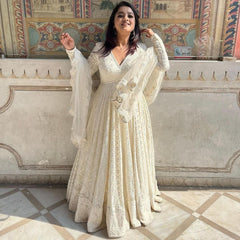 White Lucknowi Embroidered Georgette Anarkali Set with Dupatta – Festive Wear