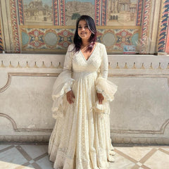 White Lucknowi Embroidered Georgette Anarkali Set with Dupatta – Festive Wear