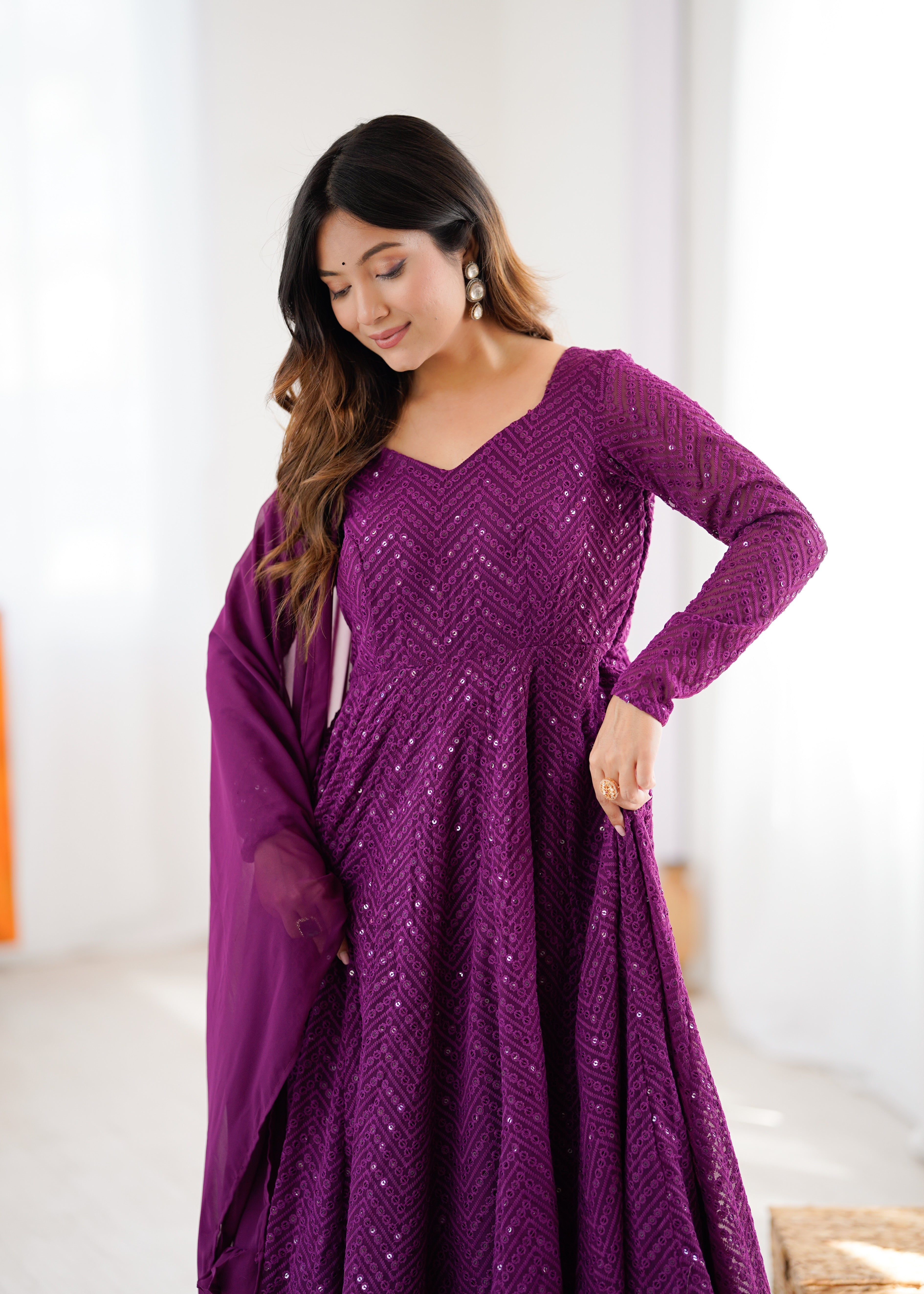 Wine Georgette Anarkali Suit with Lucknowi Embroidery & Ruffle Dupatta