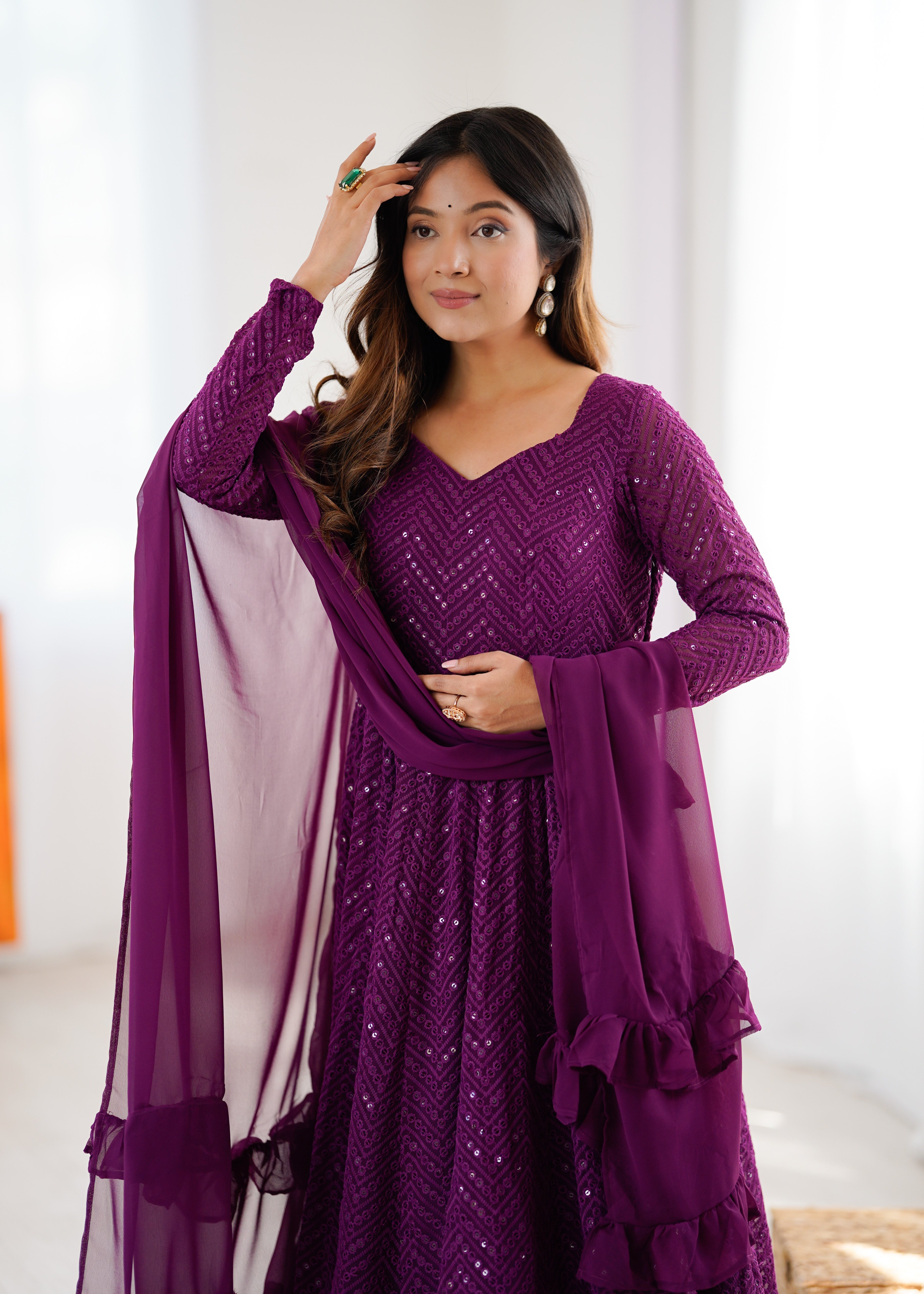 Wine Georgette Anarkali Suit with Lucknowi Embroidery & Ruffle Dupatta