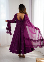 Wine Georgette Anarkali Suit with Lucknowi Embroidery & Ruffle Dupatta