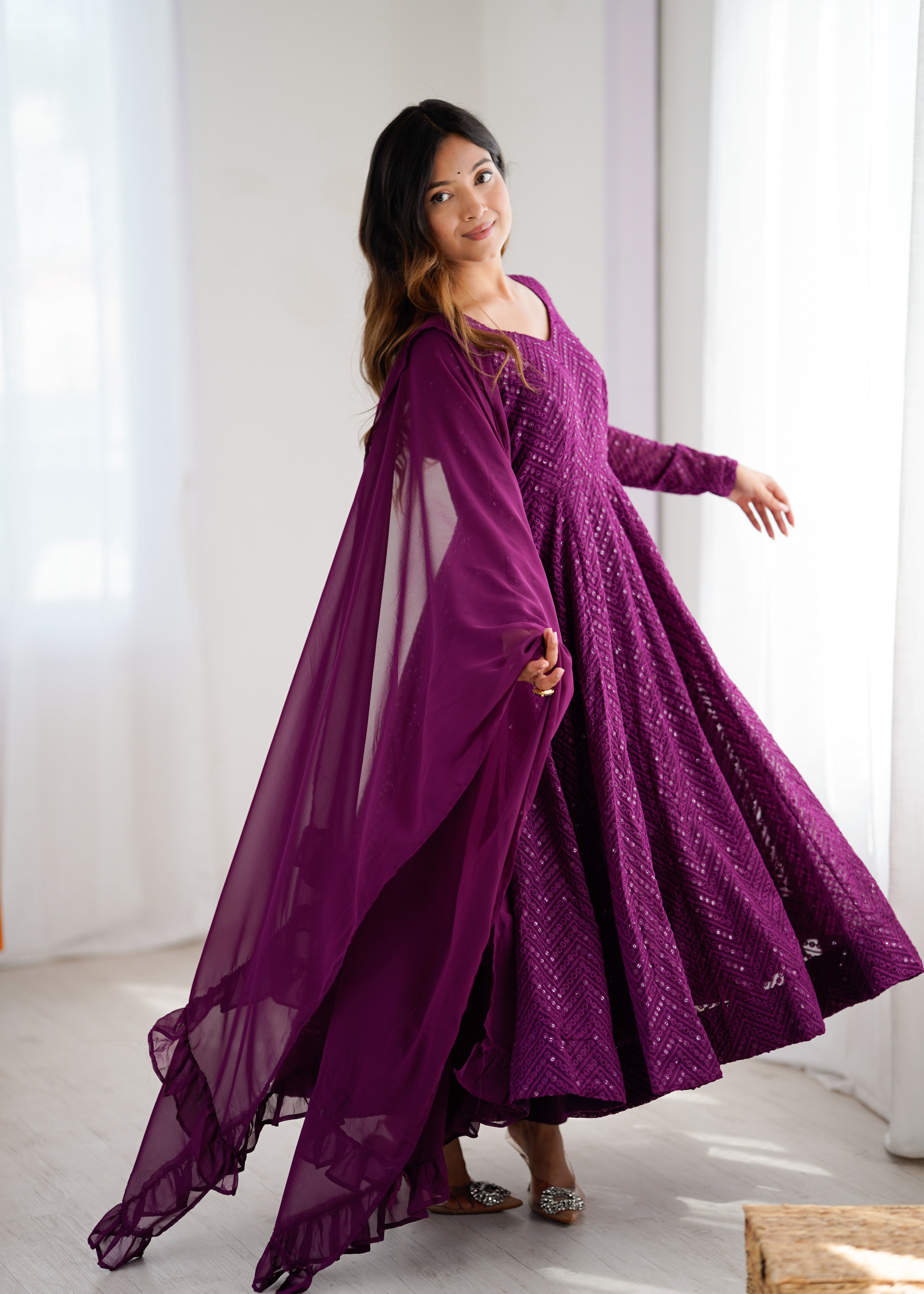 Wine Georgette Anarkali Suit with Lucknowi Embroidery & Ruffle Dupatta