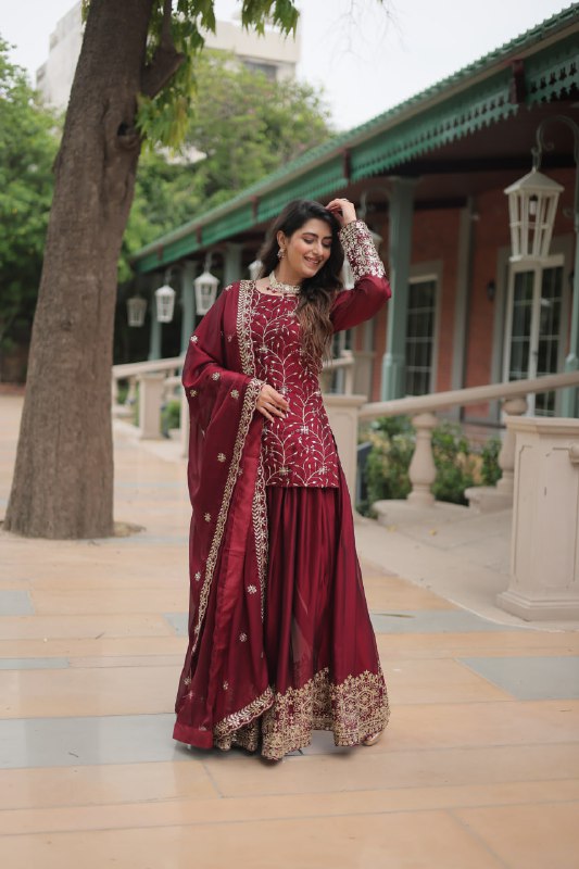 Rangoli Silk Embroidered Kurti Set with Plazzo & Dupatta
