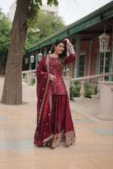 Rangoli Silk Embroidered Kurti Set with Plazzo & Dupatta