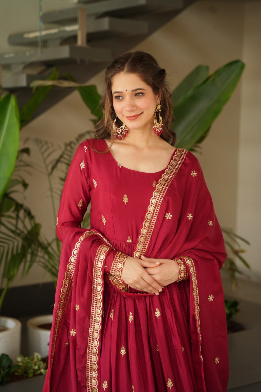 Elegant Chinnon Embroidered Gown with Dupatta - Perfect Party Wear