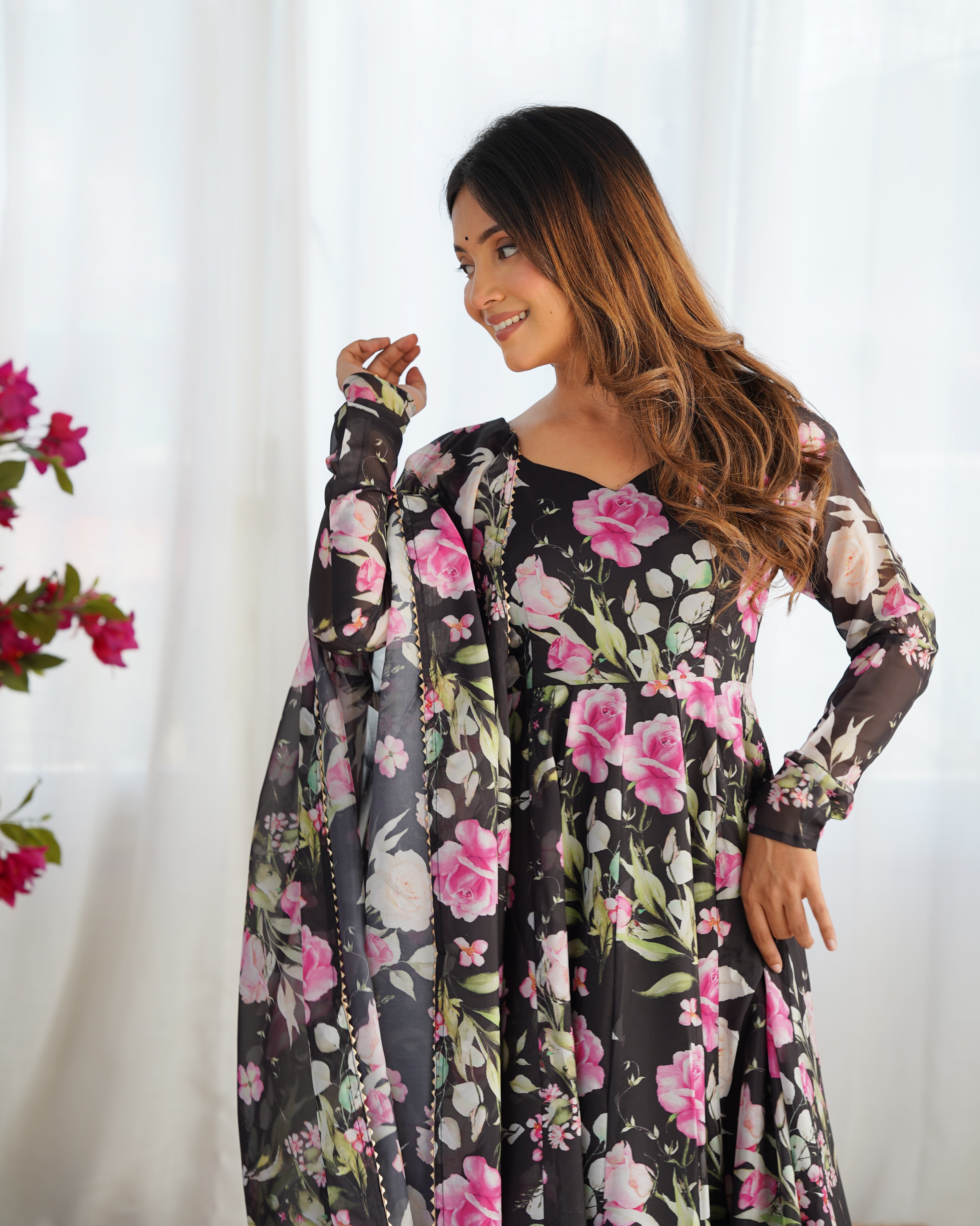 Black Pure Soft Organza Three-Piece Anarkali Suit with Floral Print and Gota Patti Dupatta