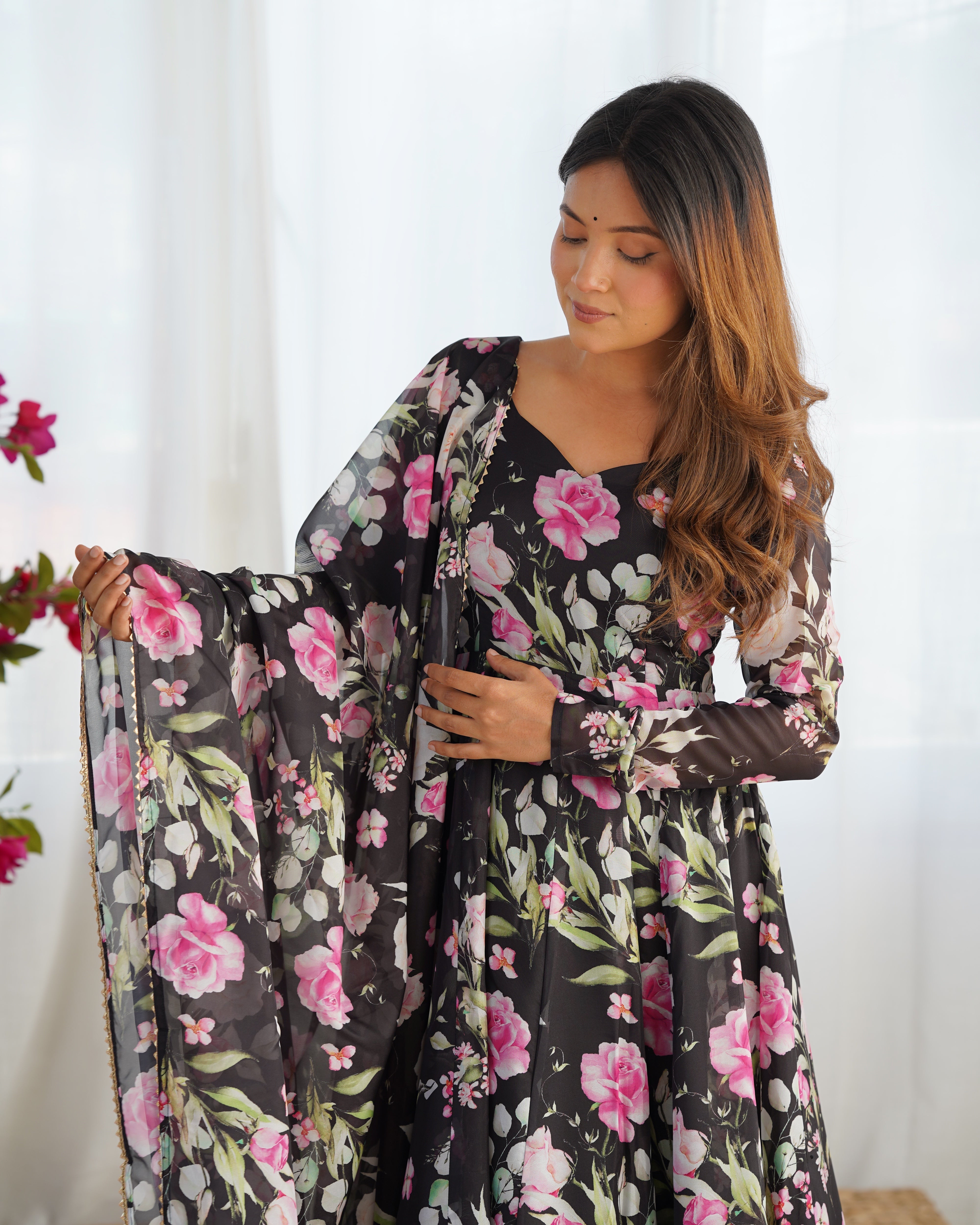 Black Pure Soft Organza Three-Piece Anarkali Suit with Floral Print and Gota Patti Dupatta