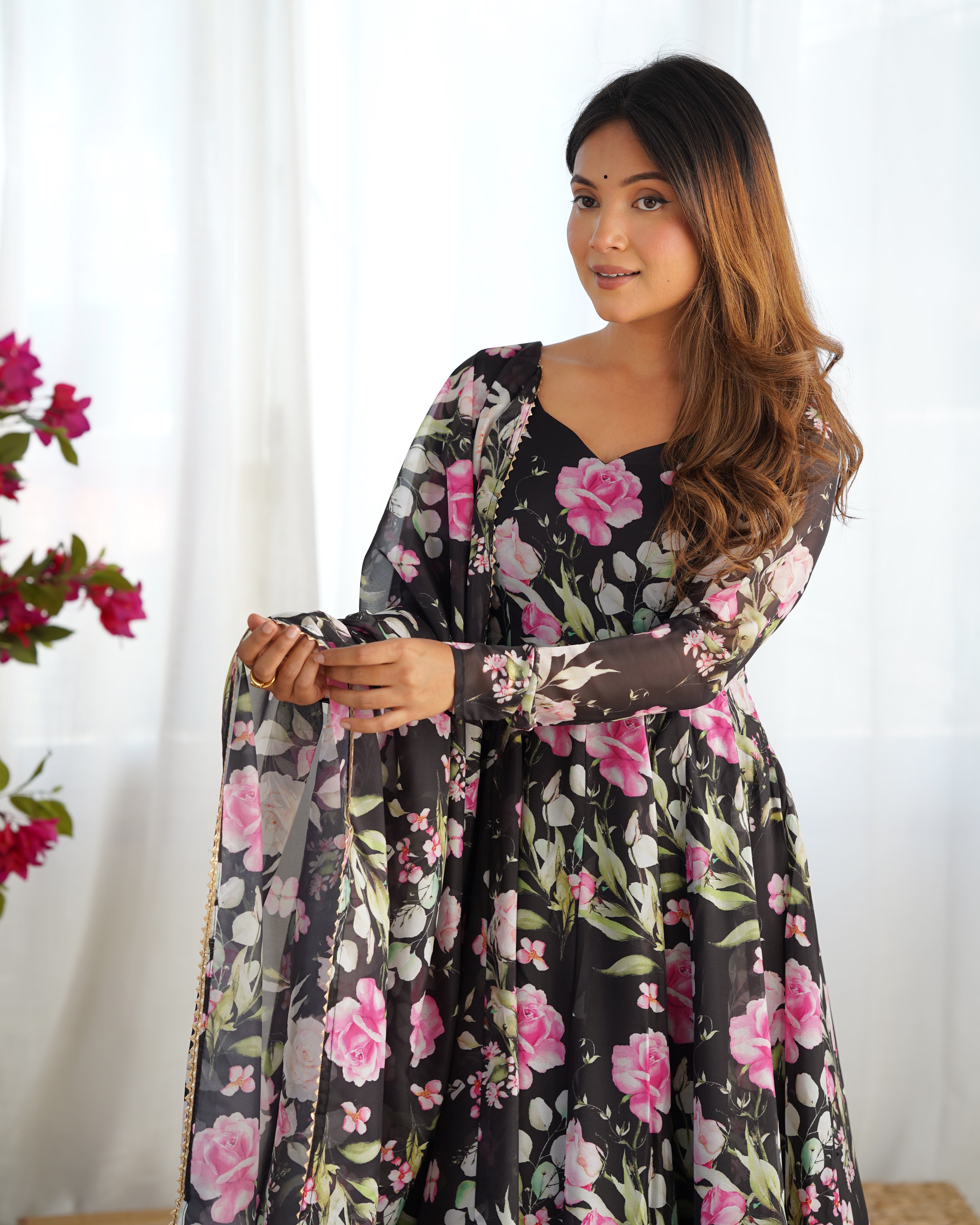 Black Pure Soft Organza Three-Piece Anarkali Suit with Floral Print and Gota Patti Dupatta