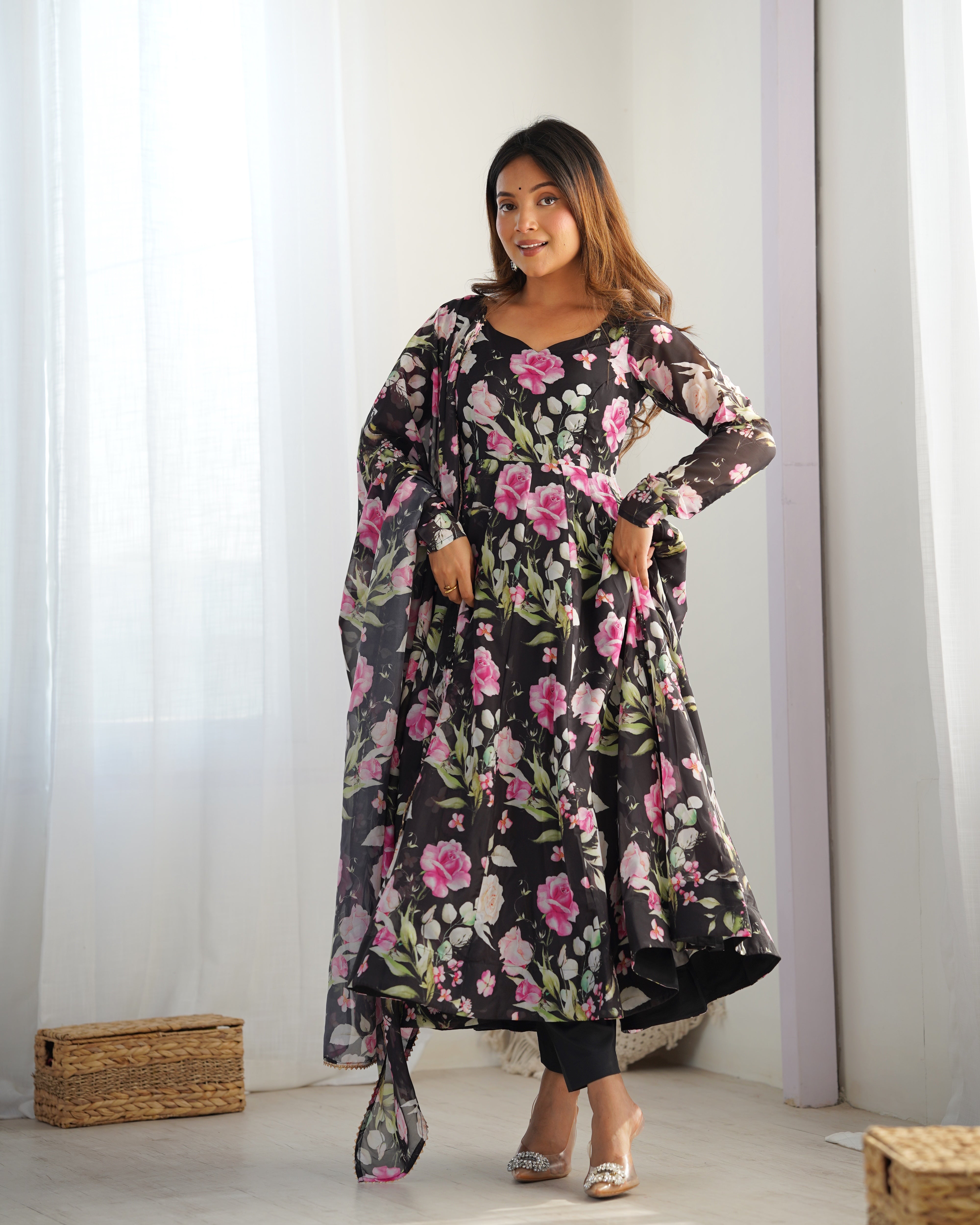 Black Pure Soft Organza Three-Piece Anarkali Suit with Floral Print and Gota Patti Dupatta