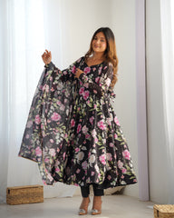 Black Pure Soft Organza Three-Piece Anarkali Suit with Floral Print and Gota Patti Dupatta