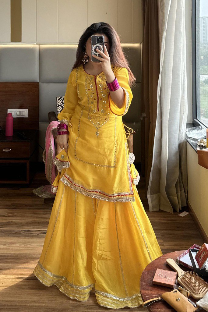 Elegant Chinon Silk Embroidered Suit Set with Plazo & Dupatta