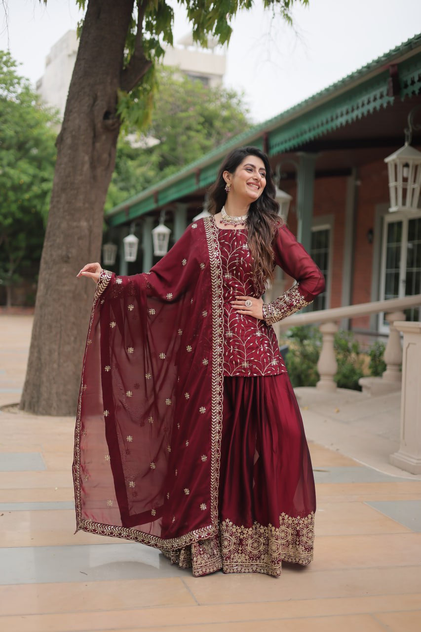 Rangoli Silk Embroidered Kurti Set with Plazzo & Dupatta