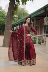 Rangoli Silk Embroidered Kurti Set with Plazzo & Dupatta
