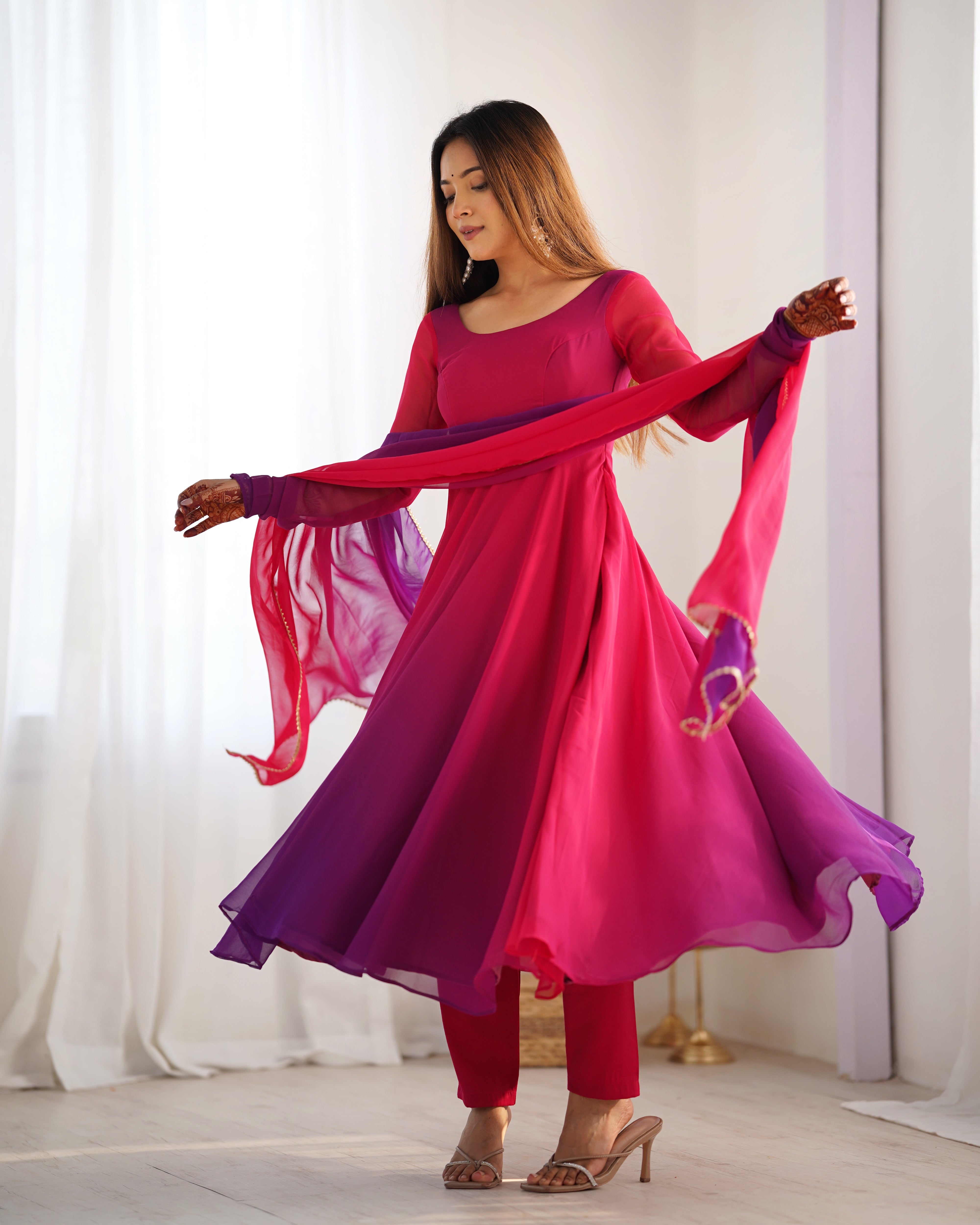 Elegant Dark Pink Georgette Anarkali Suit with Printed Detailing