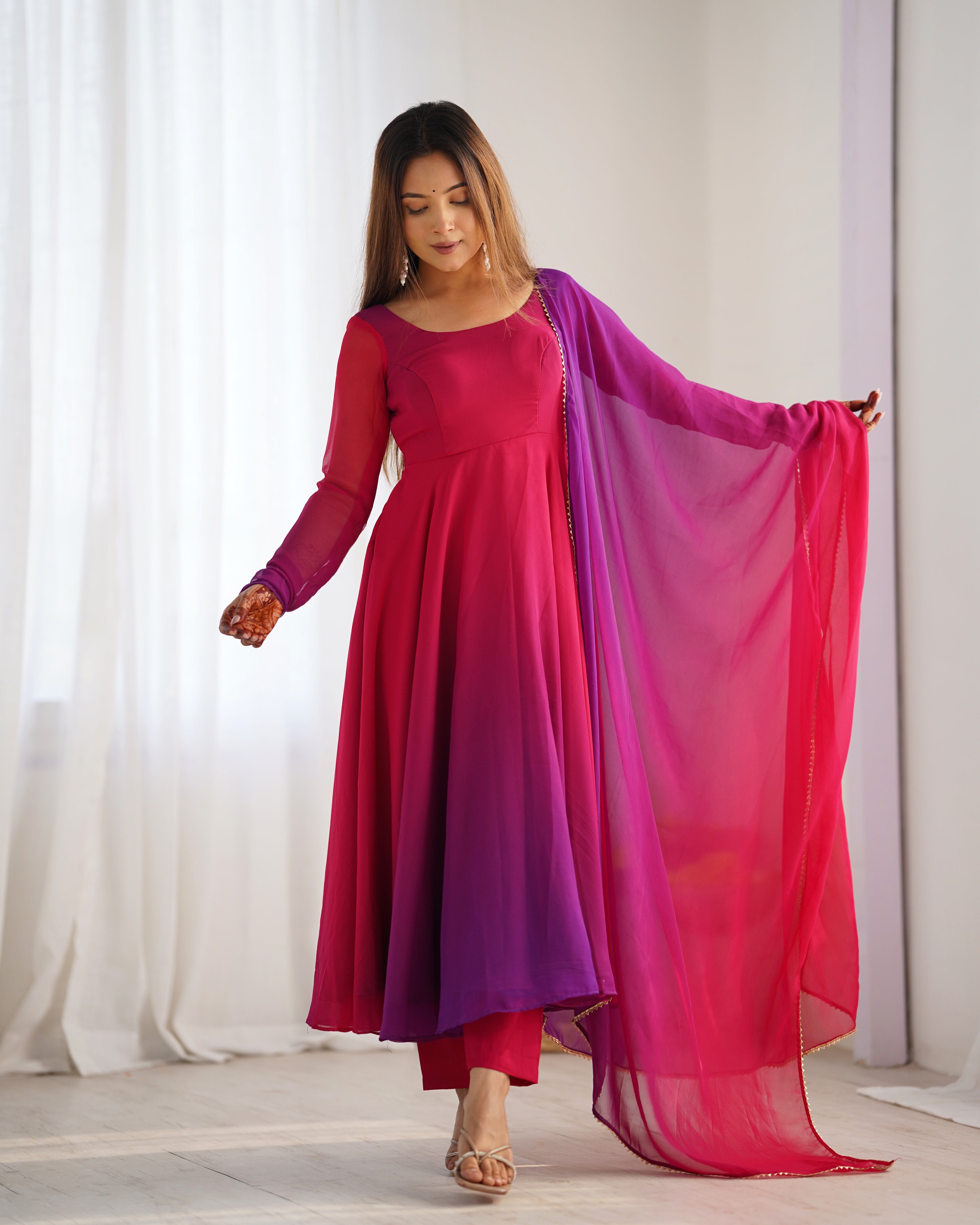 Elegant Dark Pink Georgette Anarkali Suit with Printed Detailing