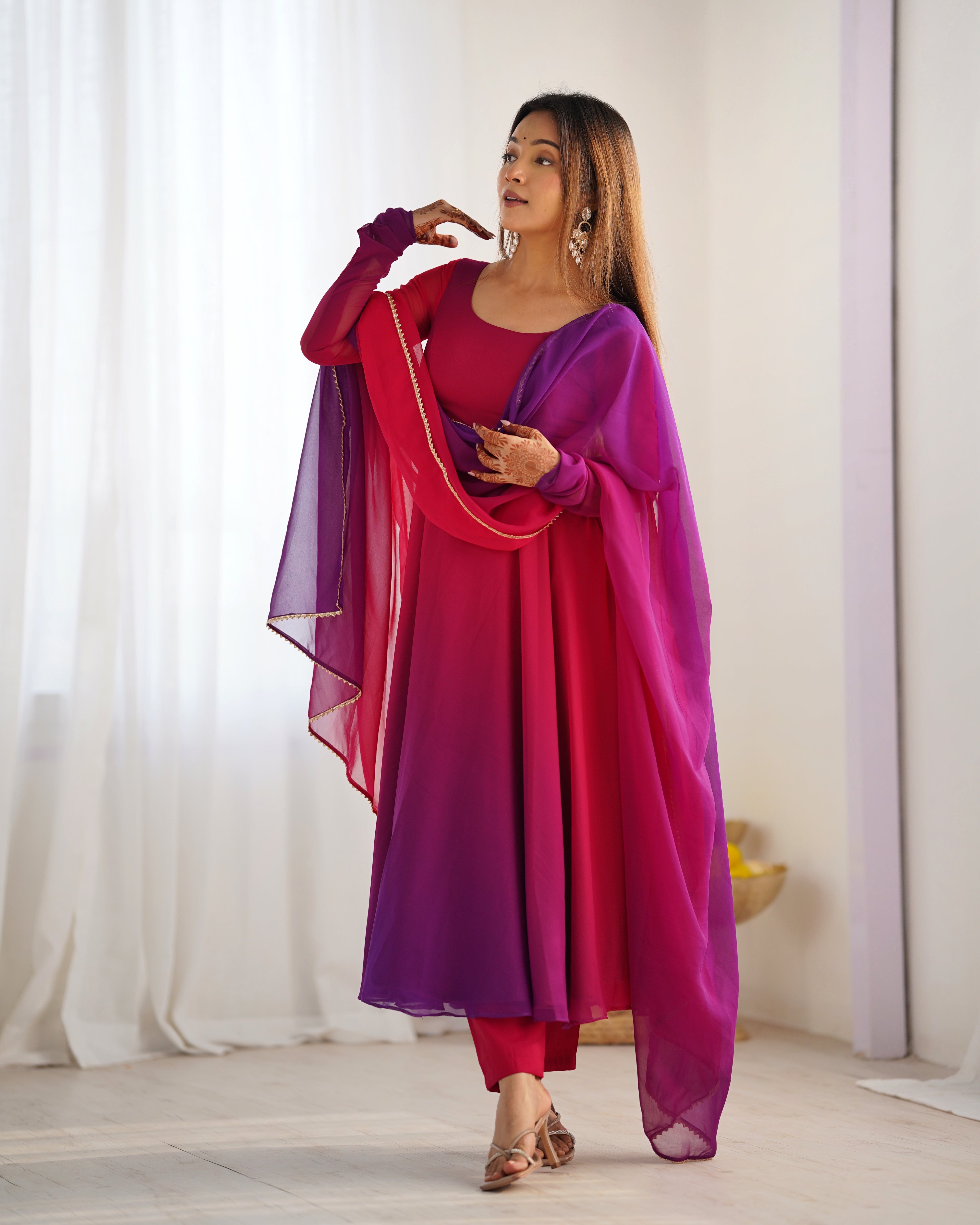 Elegant Dark Pink Georgette Anarkali Suit with Printed Detailing