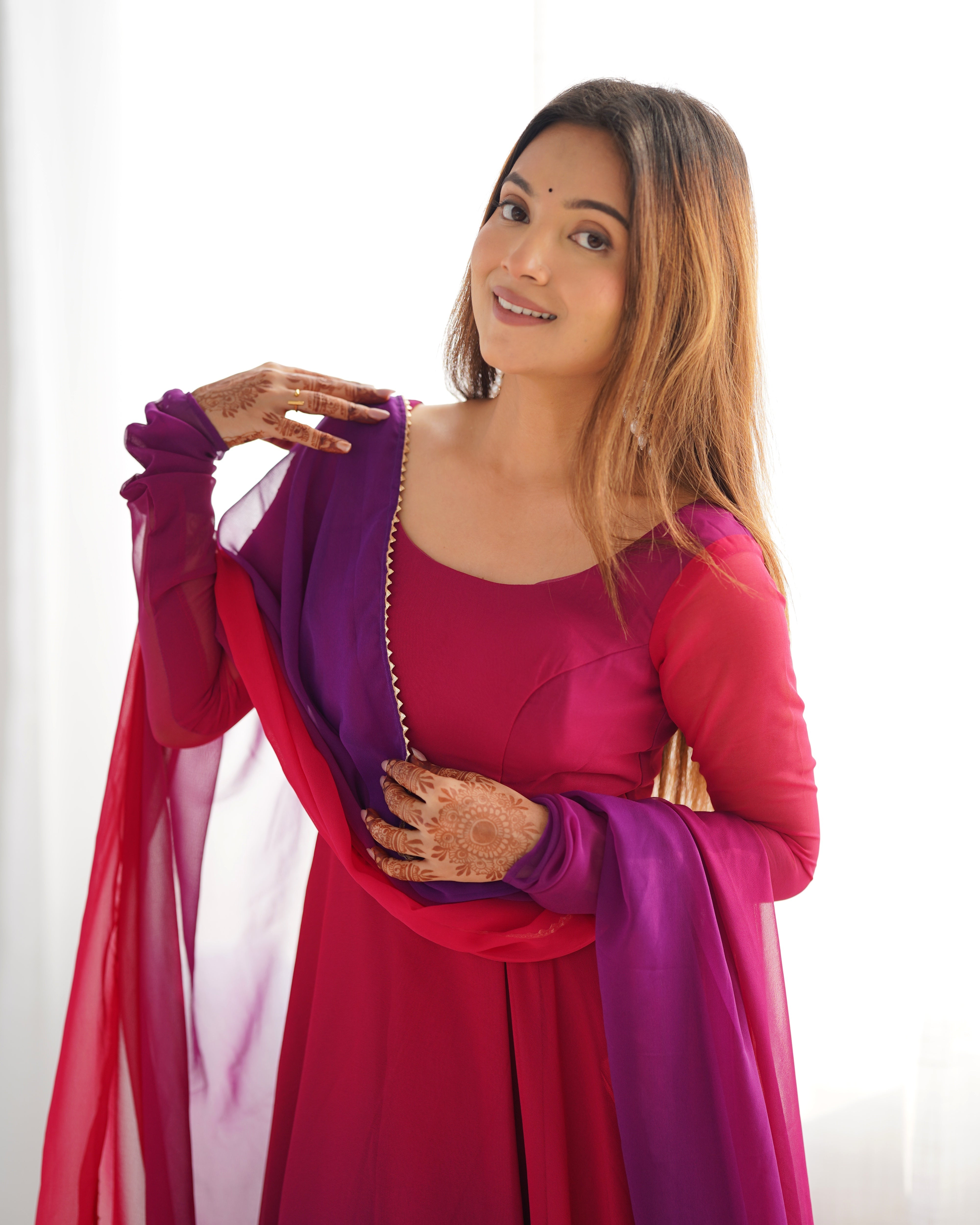 Elegant Dark Pink Georgette Anarkali Suit with Printed Detailing