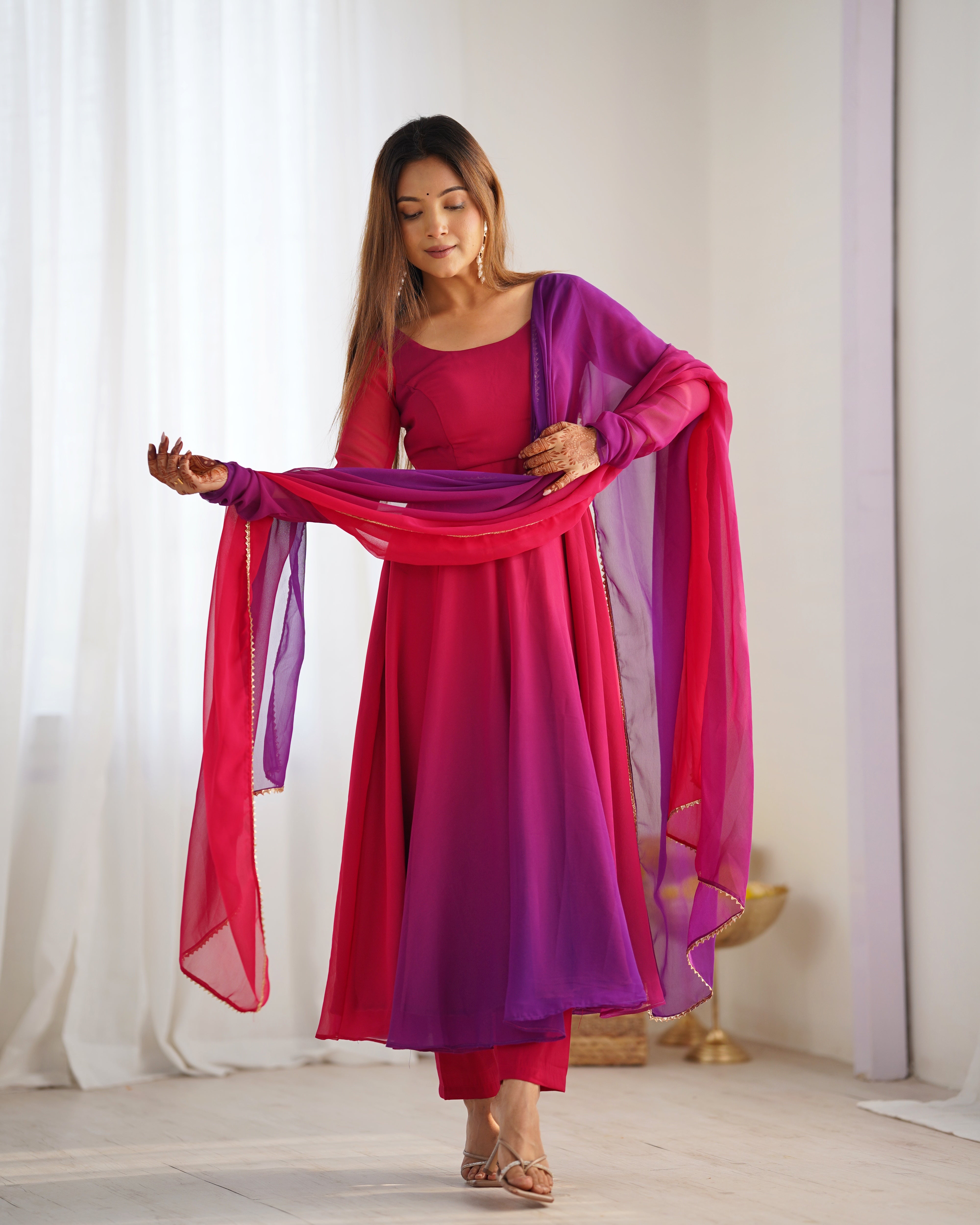 Elegant Dark Pink Georgette Anarkali Suit with Printed Detailing