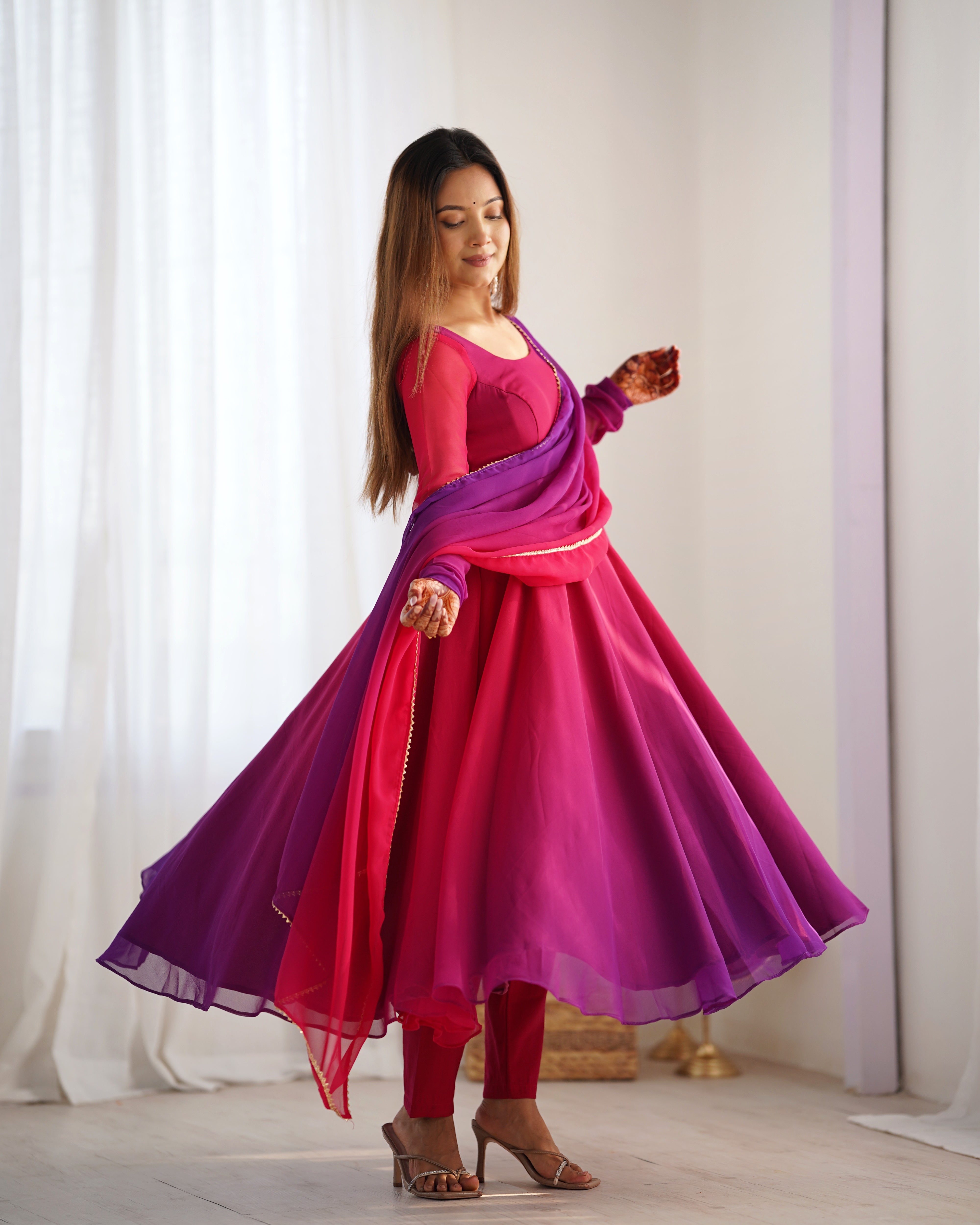 Elegant Dark Pink Georgette Anarkali Suit with Printed Detailing