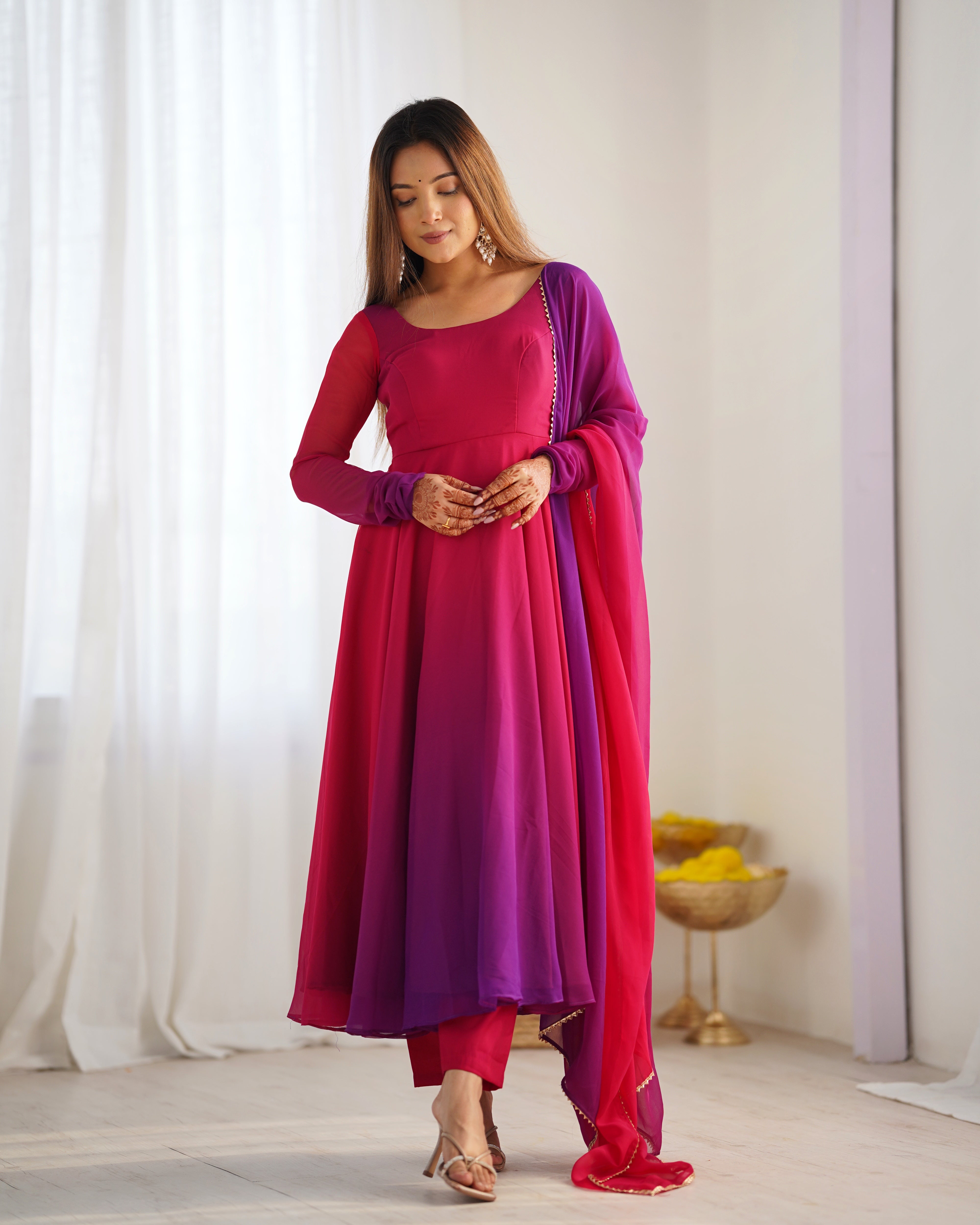 Elegant Dark Pink Georgette Anarkali Suit with Printed Detailing