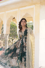 Digital Printed Organza Silk Kurta Set with Embroidered Zari Sequins