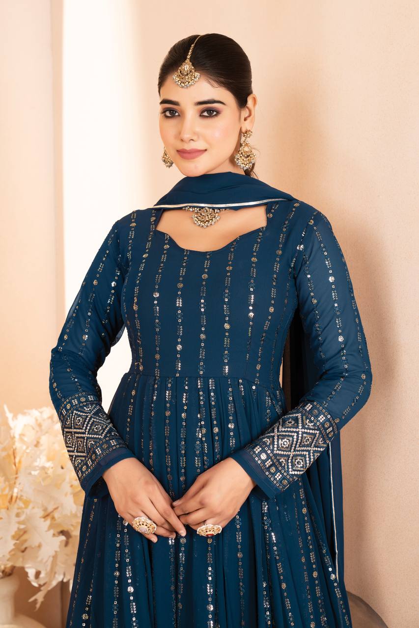 Faux Blooming Kurta Set with Heavy Sequin & Thread Embroidery