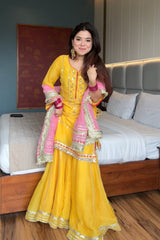 Elegant Chinon Silk Embroidered Suit Set with Plazo & Dupatta