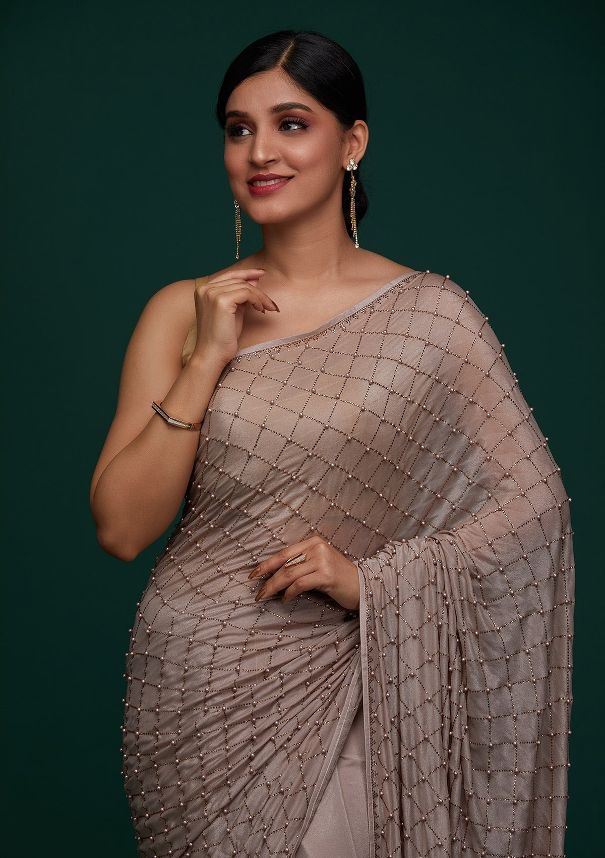 Beige Satin Saree with Pearlwork Embroidery – Elegant & Playful