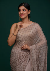 Beige Satin Saree with Pearlwork Embroidery – Elegant & Playful