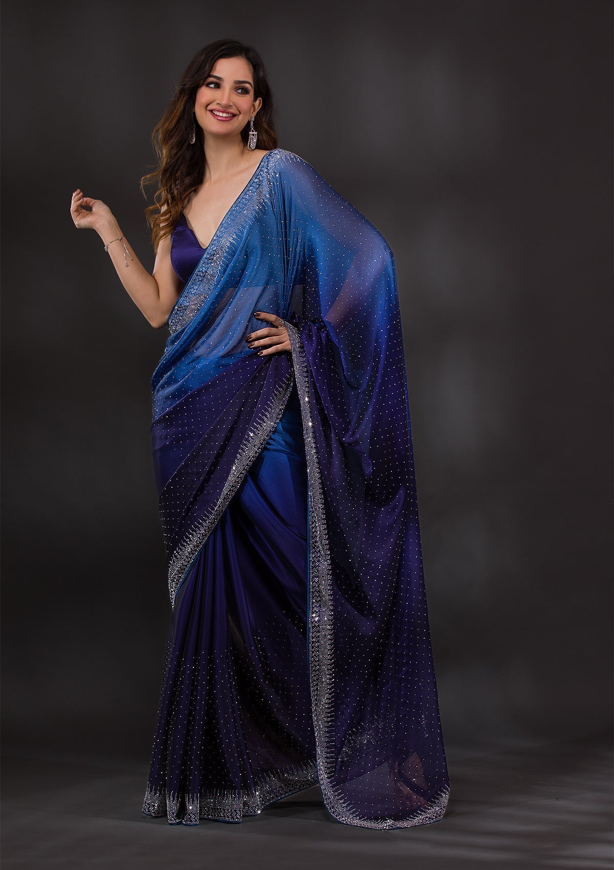 Blue Semi Crepe Saree with Silver Stonework – Playful & Sophisticated