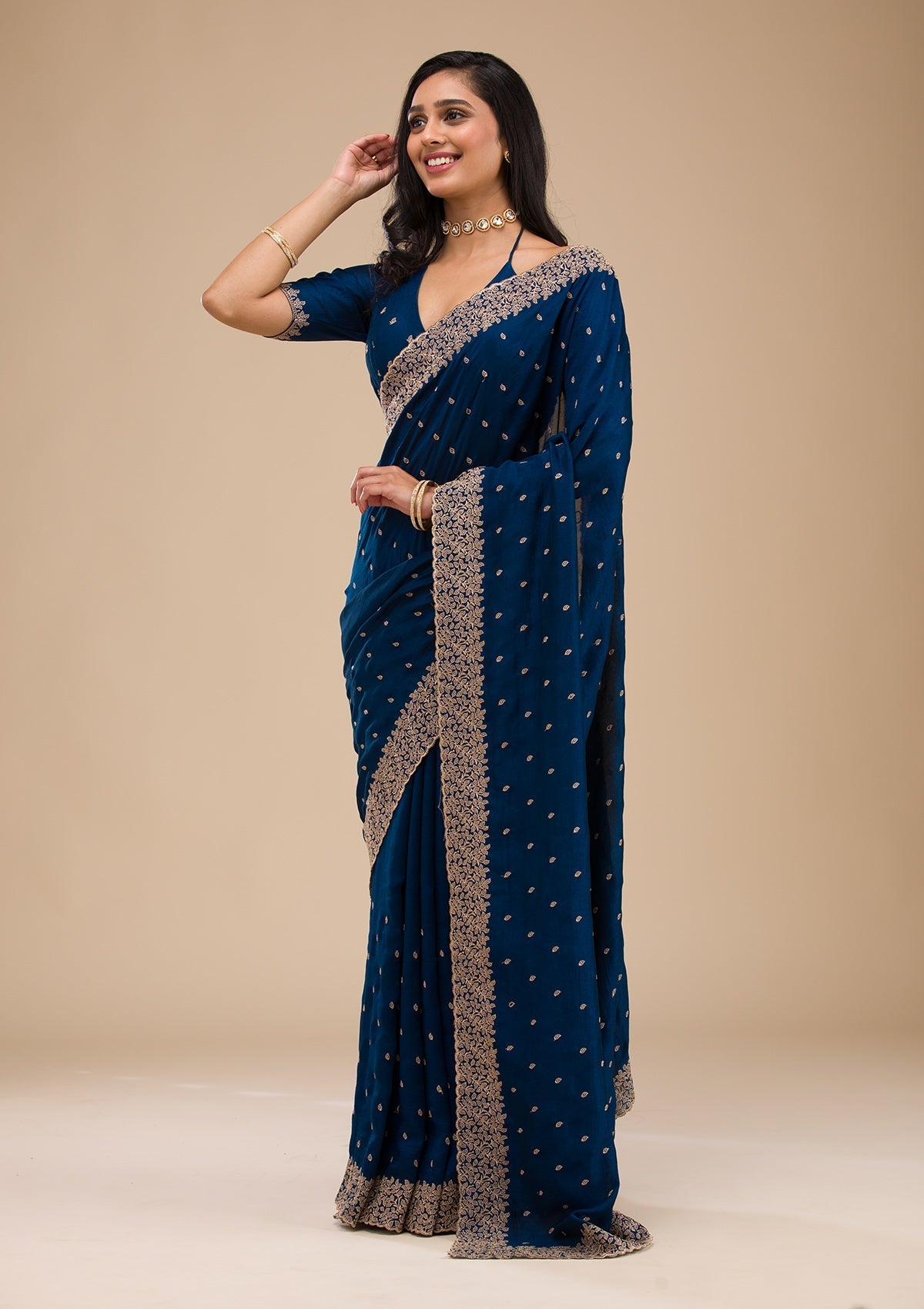 Navy Blue Raw Silk Saree with Gold Zariwork – Elegant & Vibrant