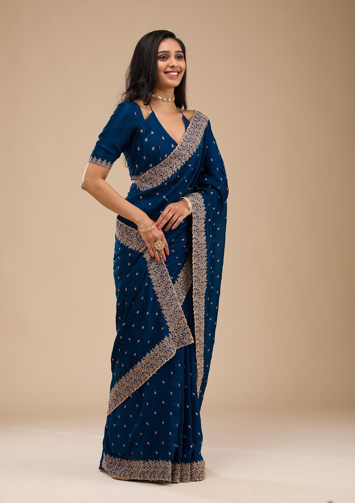 Navy Blue Raw Silk Saree with Gold Zariwork – Elegant & Vibrant