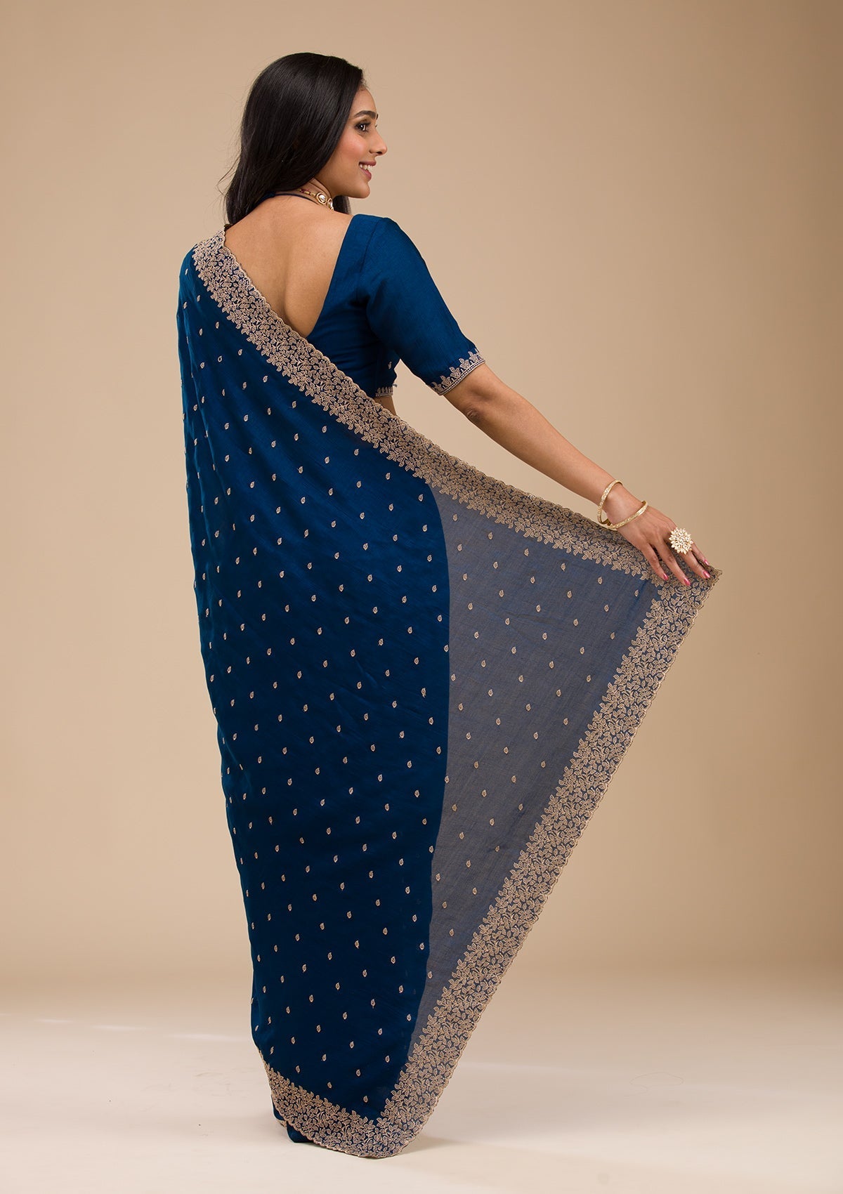 Navy Blue Raw Silk Saree with Gold Zariwork – Elegant & Vibrant