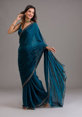 Teal Semi Crepe Saree with Silver Stonework – Elegant Celebration Wear