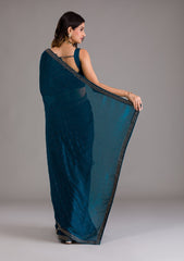 Teal Semi Crepe Saree with Silver Stonework – Elegant Celebration Wear