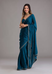 Teal Semi Crepe Saree with Silver Stonework – Elegant Celebration Wear