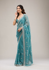 Teal Tissue Saree with Silver Zariwork – Elegant & Sheer Ethnicwear