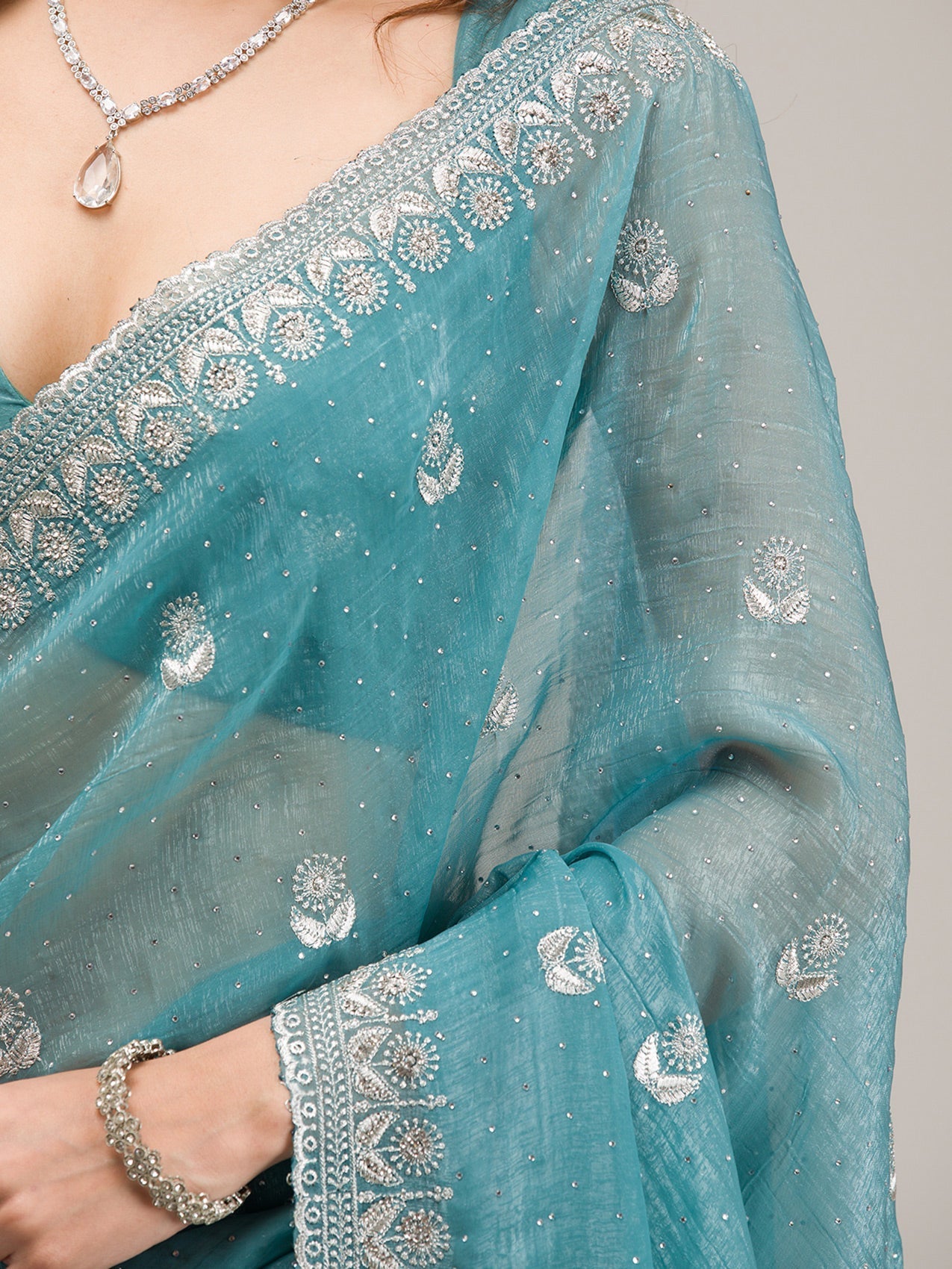 Teal Tissue Saree with Silver Zariwork – Elegant & Sheer Ethnicwear