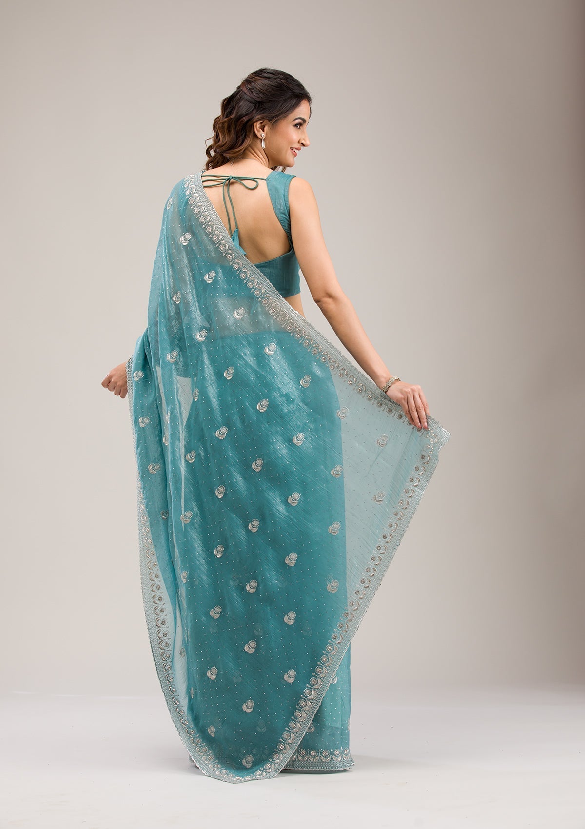Teal Tissue Saree with Silver Zariwork – Elegant & Sheer Ethnicwear