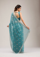 Teal Tissue Saree with Silver Zariwork – Elegant & Sheer Ethnicwear