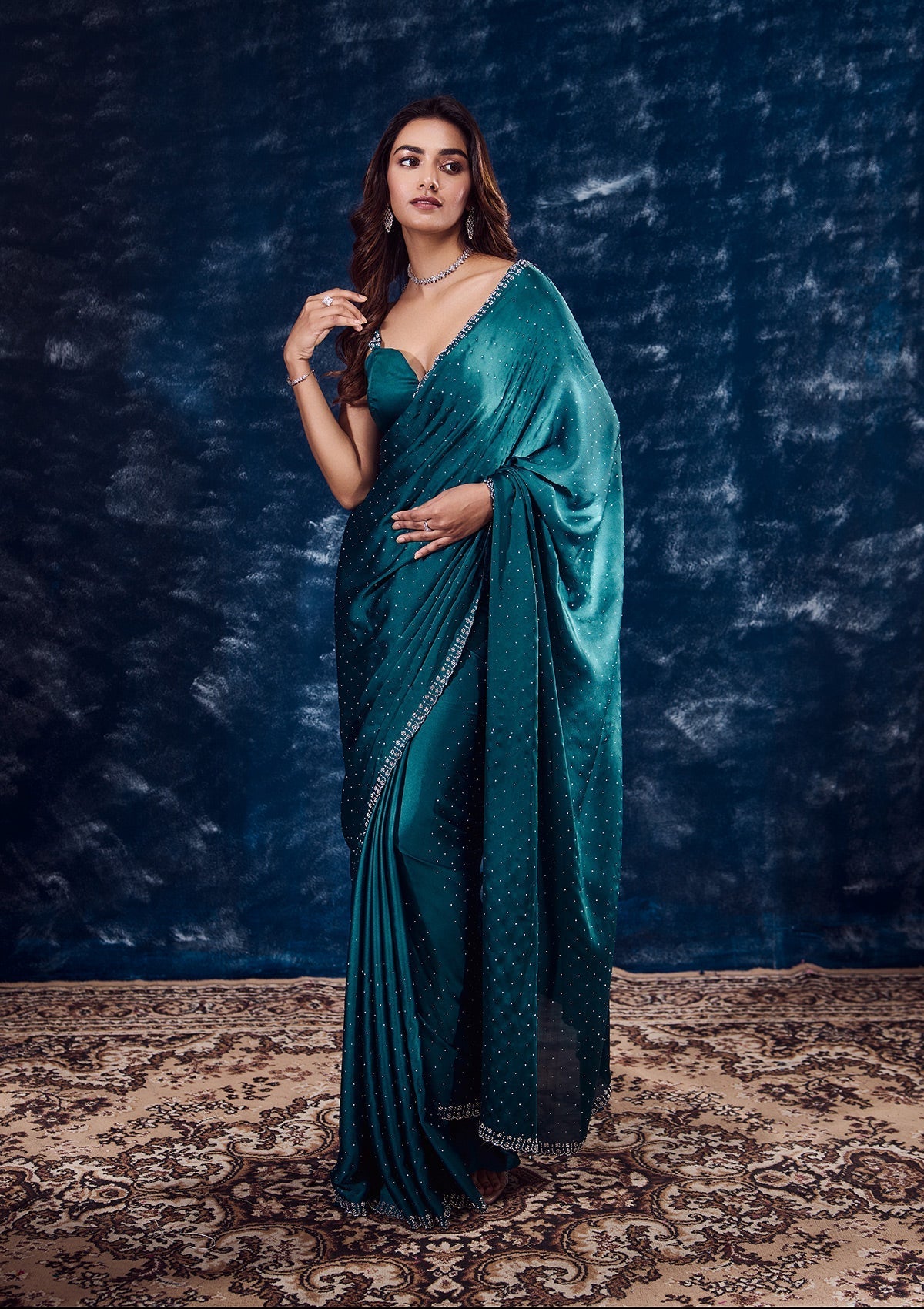 Teal Satin Saree with Traditional Zariwork – Elegant & Radiant Ethnic Wear