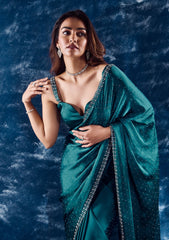 Teal Satin Saree with Traditional Zariwork – Elegant & Radiant Ethnic Wear