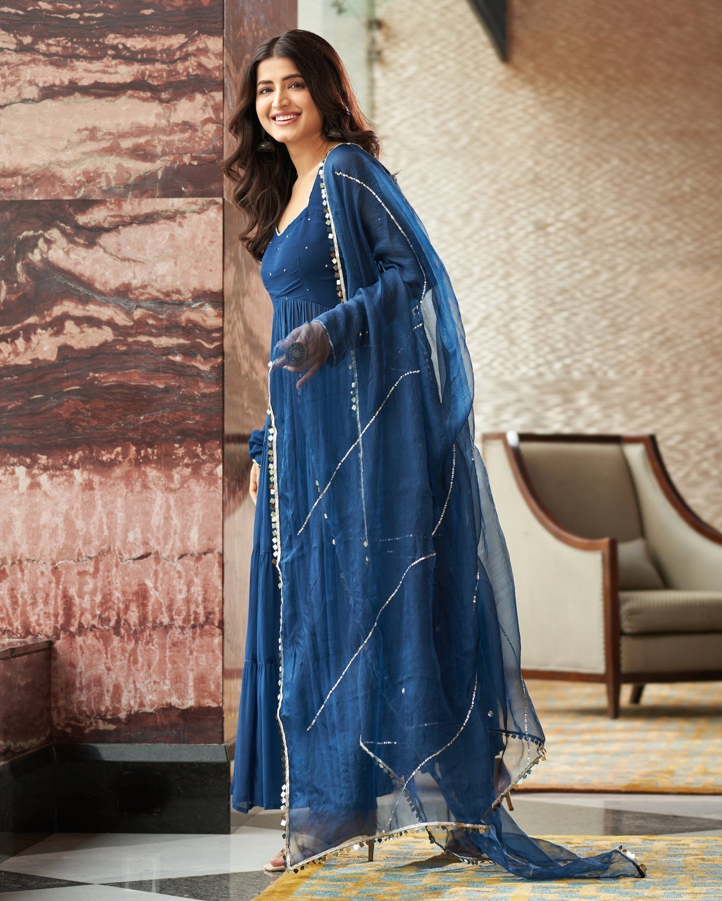 Mihika Blue Georgette Flared Anarkali Suit Set – Festive & Party Wear