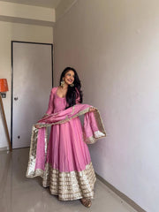 Elegant Chinon Silk Anarkali Suit with Embroidery & Dori Latkan – Three-Piece Set