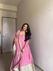 Elegant Chinon Silk Anarkali Suit with Embroidery & Dori Latkan – Three-Piece Set