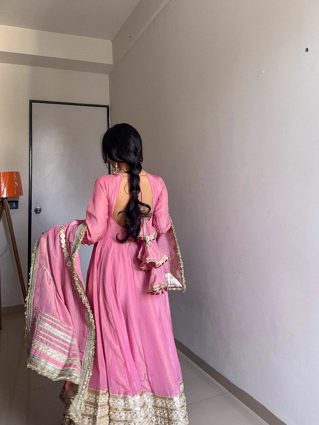 Elegant Chinon Silk Anarkali Suit with Embroidery & Dori Latkan – Three-Piece Set