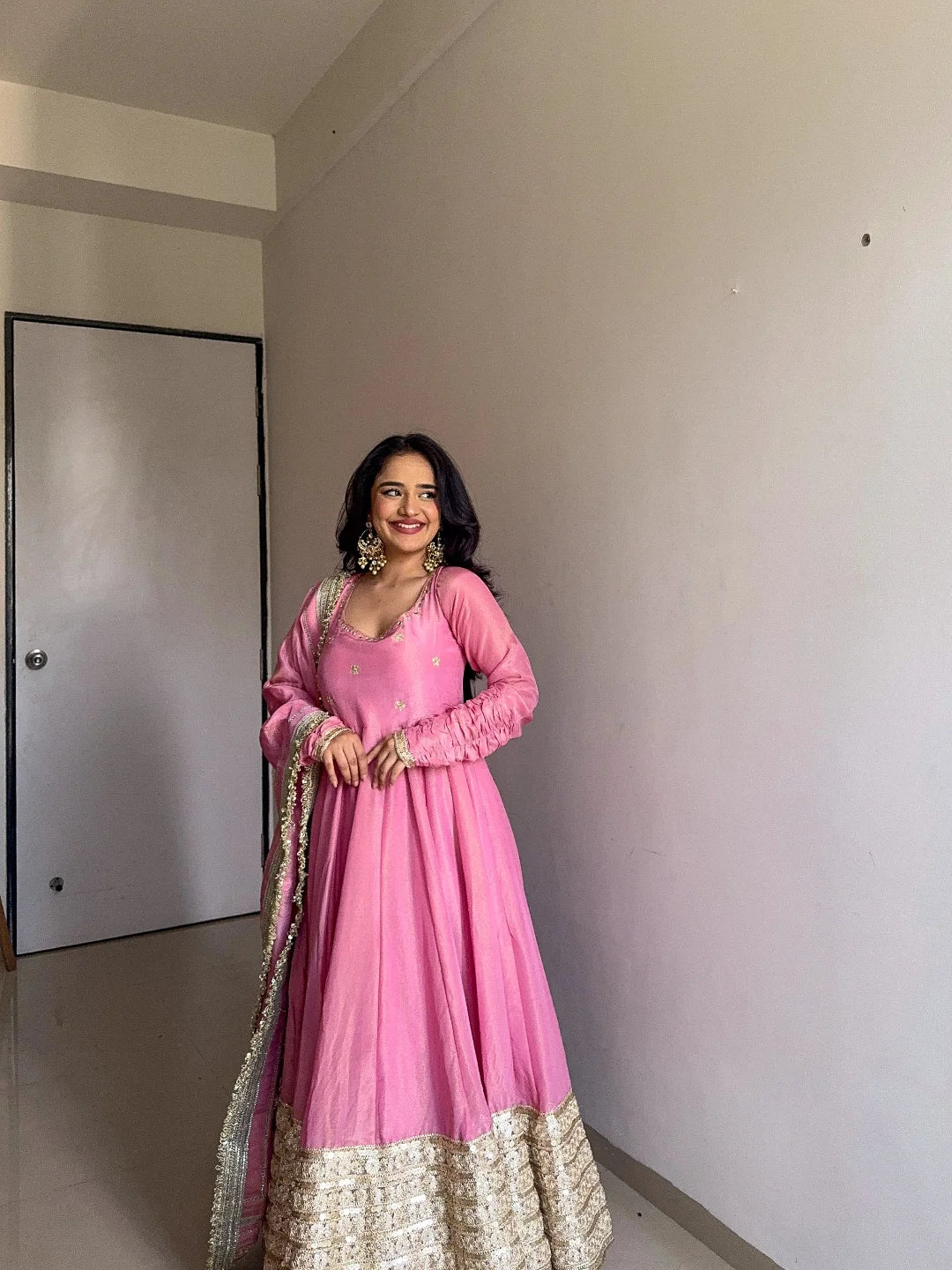 Elegant Chinon Silk Anarkali Suit with Embroidery & Dori Latkan – Three-Piece Set