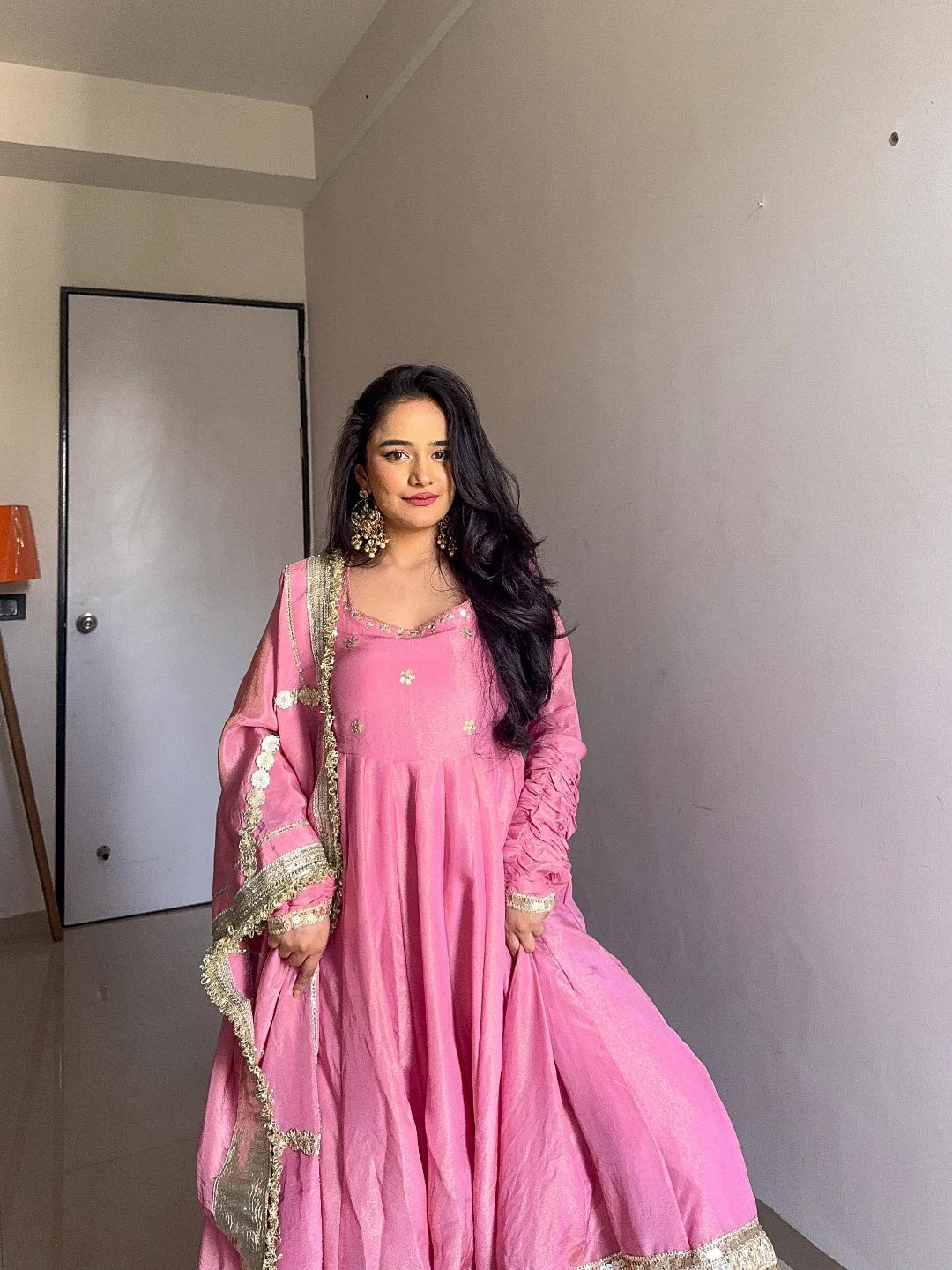 Elegant Chinon Silk Anarkali Suit with Embroidery & Dori Latkan – Three-Piece Set