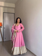 Elegant Chinon Silk Anarkali Suit with Embroidery & Dori Latkan – Three-Piece Set