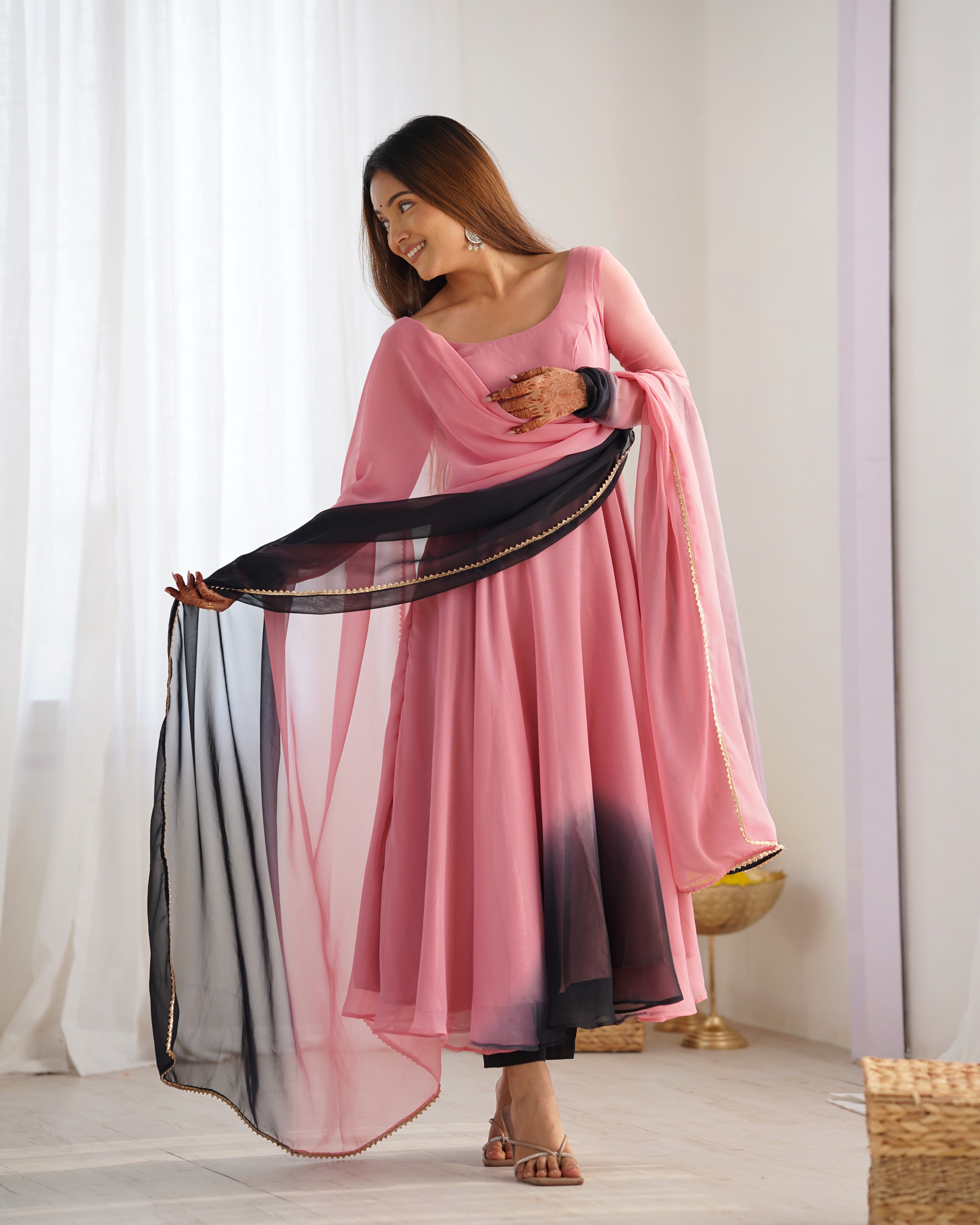 Onion Pink Georgette Anarkali Suit with Printed Gown & Lace Border Dupatta – Festive Three-Piece Set